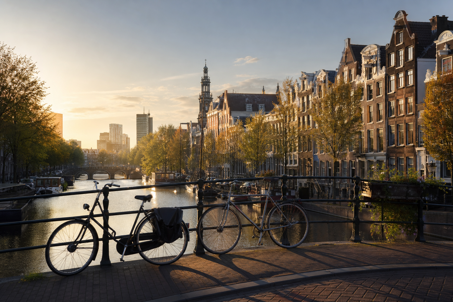 Amsterdam canal houses and bicycles in the morning light